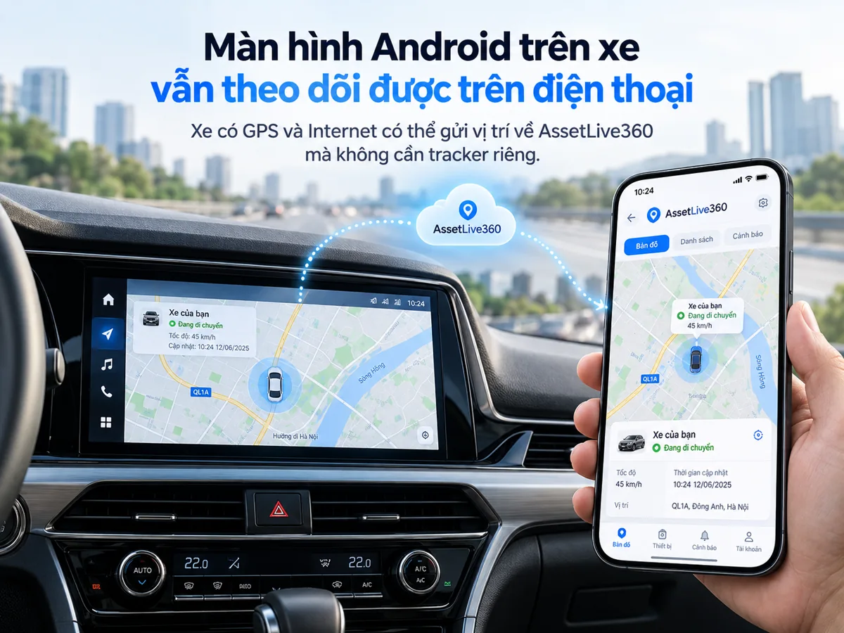 Màn hình Android trên xe gửi vị trí về AssetLive360 để theo dõi trên điện thoại